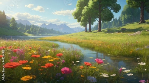 Wallpaper illustration of beautiful water in summer mountains