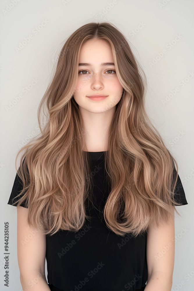Portrait of a Young Woman with Long Flowing Hair and a Subtle Smile Portrait of a Young Woman with Long Flowing Hair and a Subtle Smile