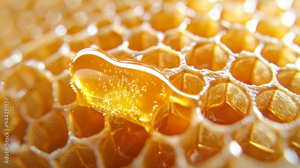 Golden honey dripping from a honeycomb cell in a bustling beehive on a sunny afternoon Golden honey dripping from a honeycomb cell in a bustling beehive on a sunny afternoon
