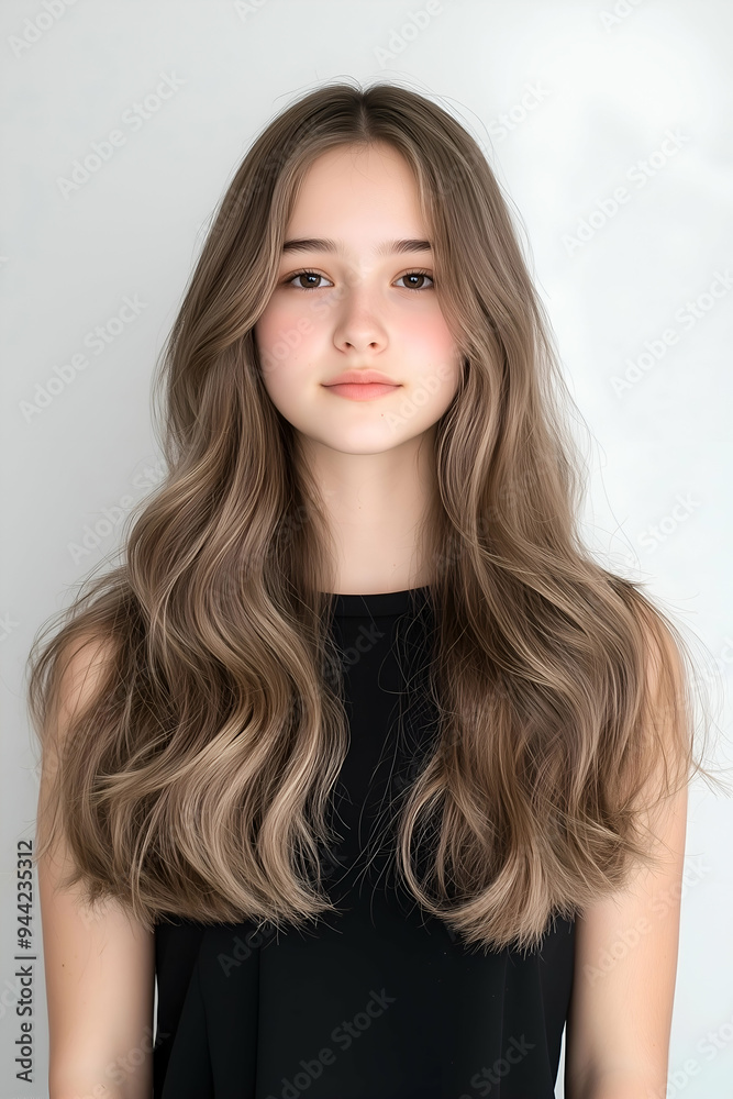 Portrait of a Young Woman with Long Flowing Hair and a Subtle Smile