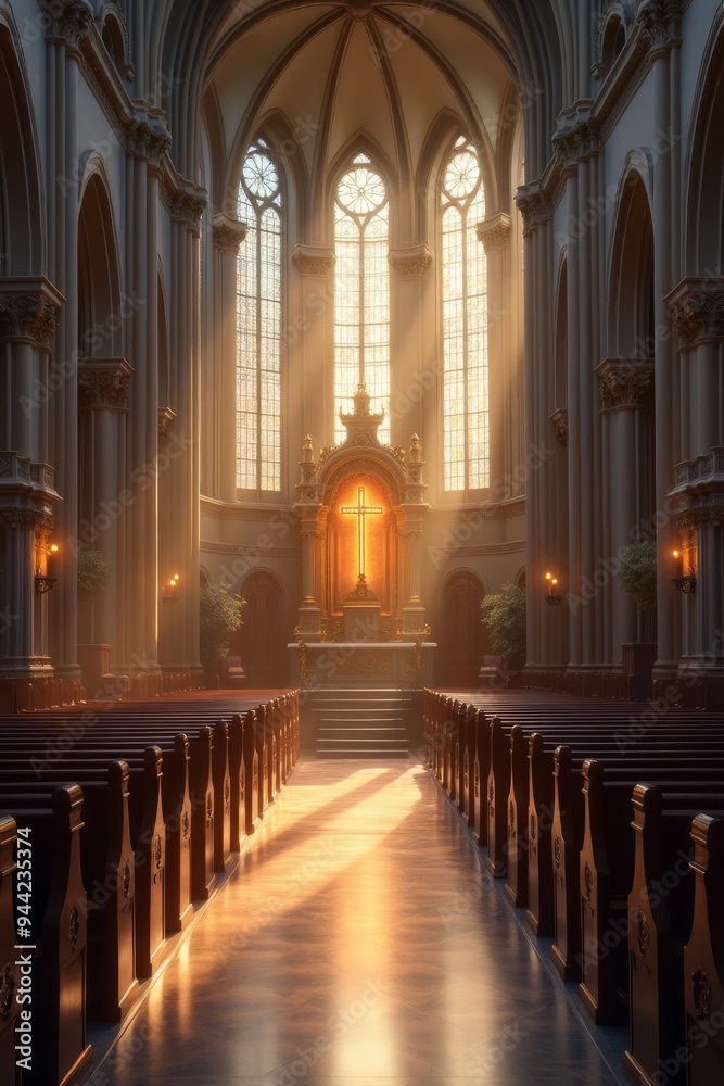 Fototapeta premium Kreuz und Lichtstrahlen in einer wunderschönen Kirchenarchitektur