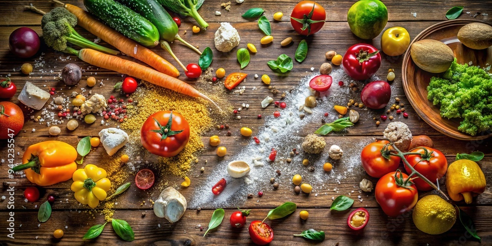 Scattered colorful fruits, vegetables, and breadcrumbs create a messy still life on a worn wooden floor, surrounded by crumbs and spills, evoking a sense of chaotic abandon. Scattered colorful fruits, vegetables, and breadcrumbs create a messy still life on a worn wooden floor, surrounded by crumbs and spills, evoking a sense of chaotic abandon.
