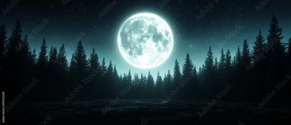 A luminous full moon casting a magical glow over a serene forest landscape at night A luminous full moon casting a magical glow over a serene forest landscape at night