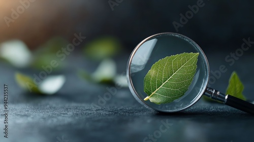 A close-up view of a green leaf seen through a magnifying glass, emphasizing nature's details and textures.