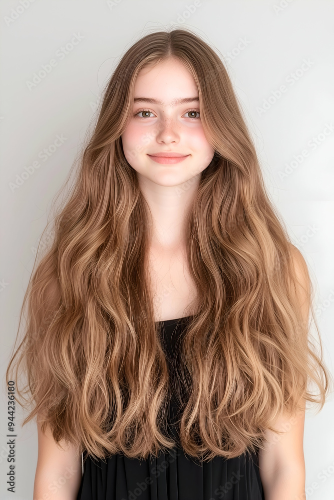 Naklejka premium Portrait of a Young Woman with Long Flowing Hair and a Subtle Smile