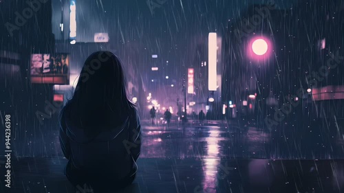 A lonely girl looking sad at a rainy city girl.