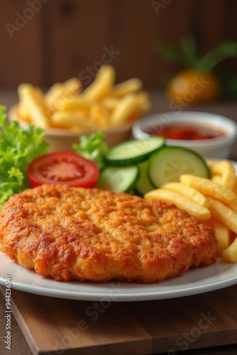 Klassisches Schnitzel mit Beilagen auf einem Holzuntergrund