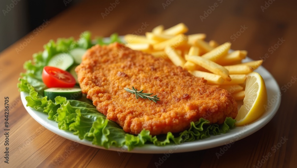 Klassisches Schnitzel mit Beilagen auf einem Holzuntergrund Klassisches Schnitzel mit Beilagen auf einem Holzuntergrund