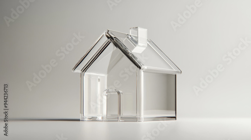 Transparent coin bank shaped like a house, rendered in 3D.  photo