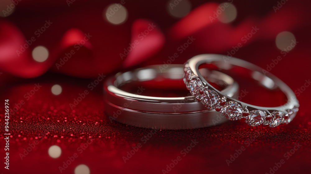 Two white gold engagement rings with diamonds and a heart-shaped ribbon on a red background. A romantic wedding jewelry background. 3D illustration render. Two white gold engagement rings with diamonds and a heart-shaped ribbon on a red background. A romantic wedding jewelry background. 3D illustration render.