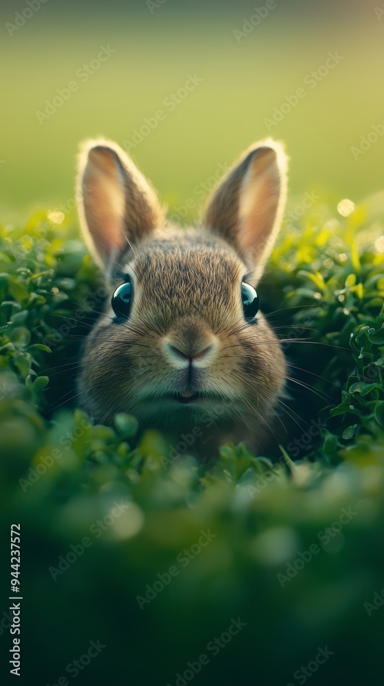 Fototapeta premium Curious rabbit peeks out from a lush green garden at sunrise
