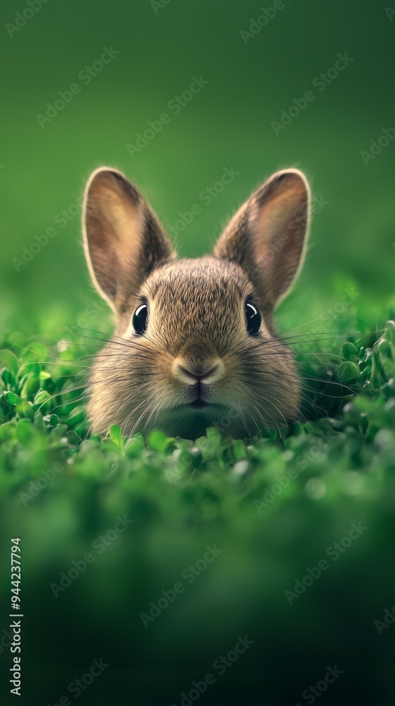 Fototapeta premium A curious rabbit peeks through lush green grass on a bright spring morning