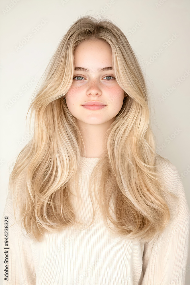 Portrait of a Young Woman with Long Flowing Hair and Calm Expression Portrait of a Young Woman with Long Flowing Hair and Calm Expression