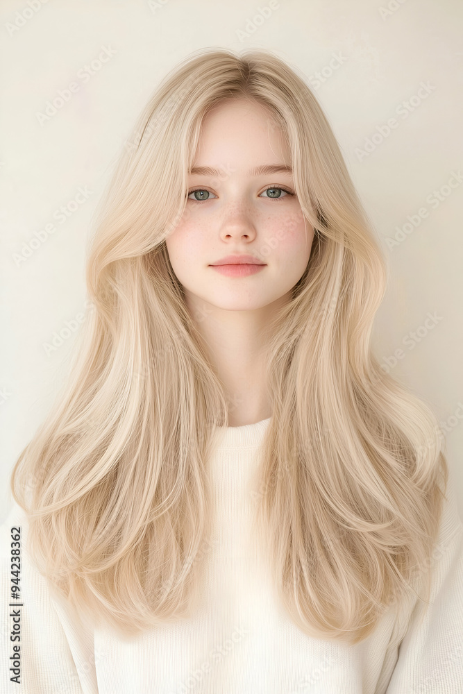 Portrait of a Young Woman with Long Flowing Hair and Calm Expression Portrait of a Young Woman with Long Flowing Hair and Calm Expression