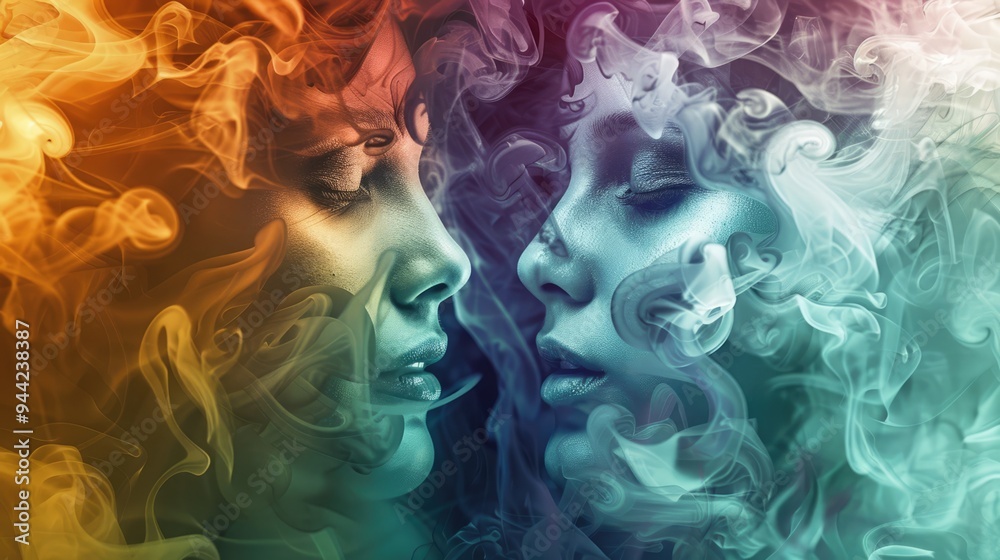 two female face conflict concept with smoke and flames two female face conflict concept with smoke and flames