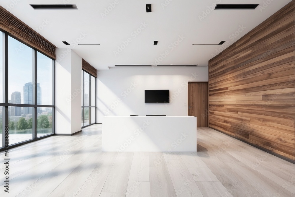 Fototapeta premium Modern Office Interior with White Reception Desk, Large Windows, and Wooden Wall