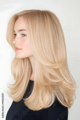 Portrait of a Young Woman with Long Flowing Hair and Calm Expression