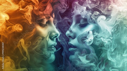 two female face conflict concept with smoke and flames