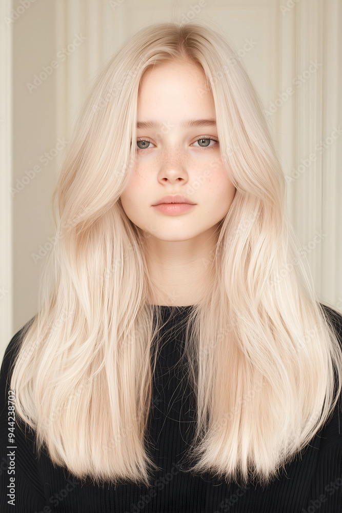 Portrait of a Young Woman with Long Flowing Hair and Calm Expression Portrait of a Young Woman with Long Flowing Hair and Calm Expression
