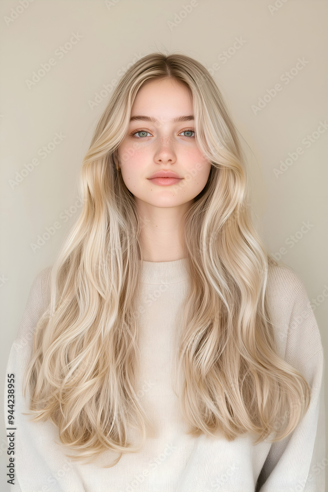 Portrait of a Young Woman with Long Flowing Hair and Calm Expression Portrait of a Young Woman with Long Flowing Hair and Calm Expression
