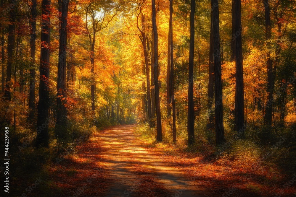 Fototapeta premium A Sunlit Path Through a Golden Autumn Forest