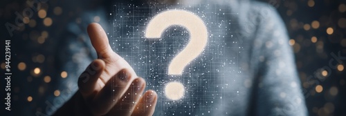 A person analyzing a glowing question mark on a high-tech digital interface. Concept of inquiry and digital exploration.