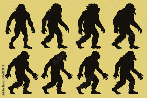 An array of Bigfoot silhouette illustrations showcasing different walking poses of the mythical creature, capturing its iconic and mysterious character.
