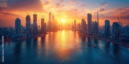 Cityscape of Dubai Skyline at Sunrise