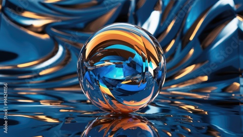 Elegant Blue and Orange Crystal Sphere with Reflections and Refractions in a Modern 3D Abstract Background - High Quality Illustration