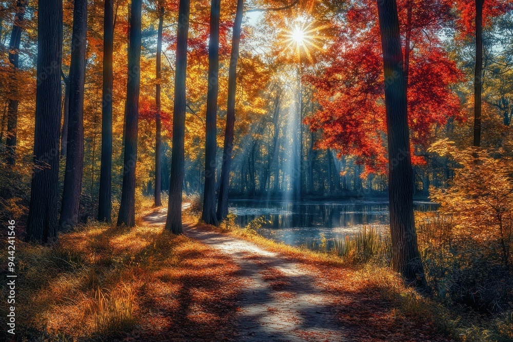 Obraz premium Sunbeams Shining Through Autumn Forest Trees and Pathway Leading to Lake
