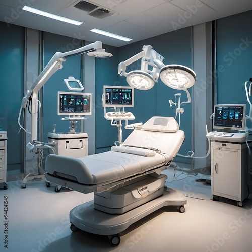Futuristic neon animation type equipment and medical devices in modern technology operating room, advanced Operating Room with No People, Ready for Surgery
