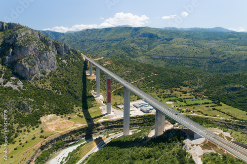 Aerial view of new concrete bridge over the Moraca river canyon in Montenegro