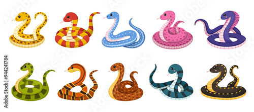 Cute colorful snakes set. Suffocating reptiles. Chinese New Year symbol. Funny snake characters in different poses isolated on white background. Vector illustration for card, sticker, calendar.
