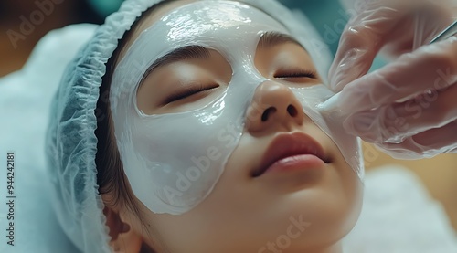 A woman receives a facial treatment with a white mask applied to her face.