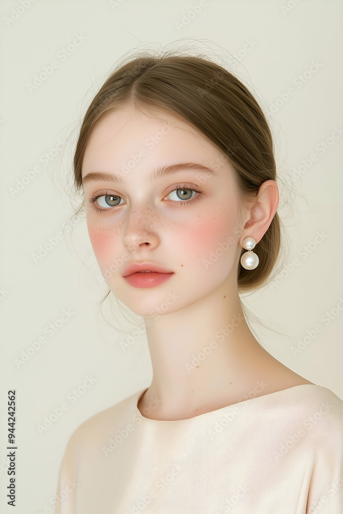 Elegant Young Woman with Classic Pearl Earrings and Soft Expression Elegant Young Woman with Classic Pearl Earrings and Soft Expression
