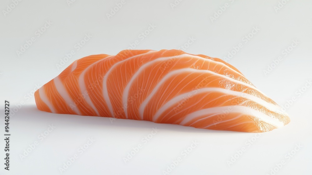 Detailed 3D image of salmon sashimi, highlighting the smooth, glistening texture of the fish against a minimalist white background, no people. Detailed 3D image of salmon sashimi, highlighting the smooth, glistening texture of the fish against a minimalist white background, no people.