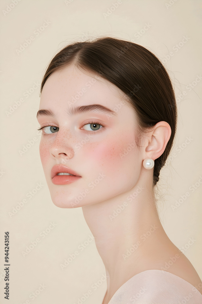 Elegant Young Woman with Classic Pearl Earrings and Soft Expression Elegant Young Woman with Classic Pearl Earrings and Soft Expression