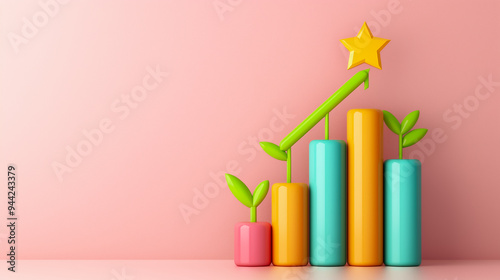 A vibrant growth chart displays four stylized bar graphs in varying heights, adorned with green plants and a yellow star, symbolizing achievement and progress