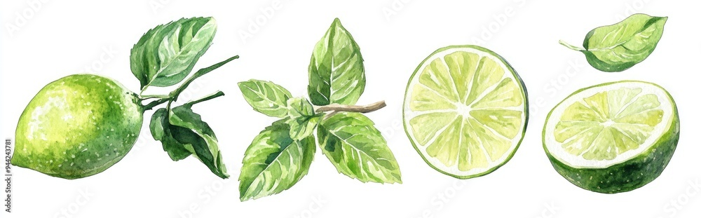 Watercolor illustration of lime and mint Includes a lime branch lime slice and lime wedge all set against a white background