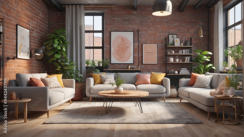 Living room in minimalist style of raw brick in the center of a big city Living room in minimalist style of raw brick in the center of a big city