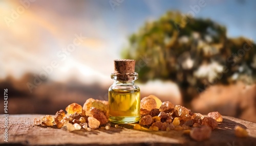 myrrh essential oil in a small glass bottle