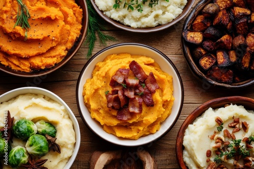 An image of a turkey dinner on a wood background with side dishes.