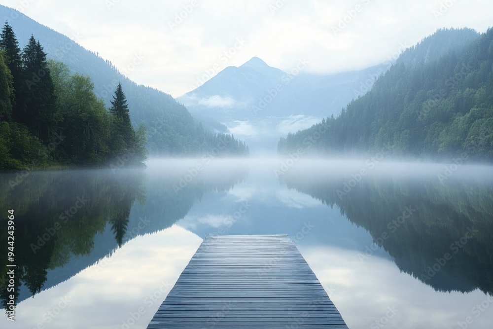 Wooden Dock Extending into a Misty Mountain Lake Wooden Dock Extending into a Misty Mountain Lake