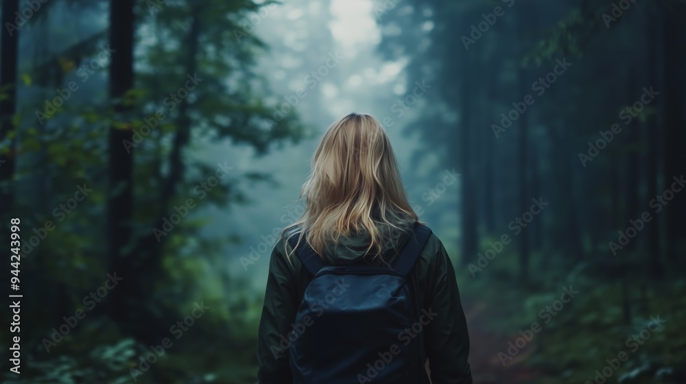 A person walks along a misty forest path surrounded by tall trees on a tranquil day, embracing the calm of nature A person walks along a misty forest path surrounded by tall trees on a tranquil day, embracing the calm of nature