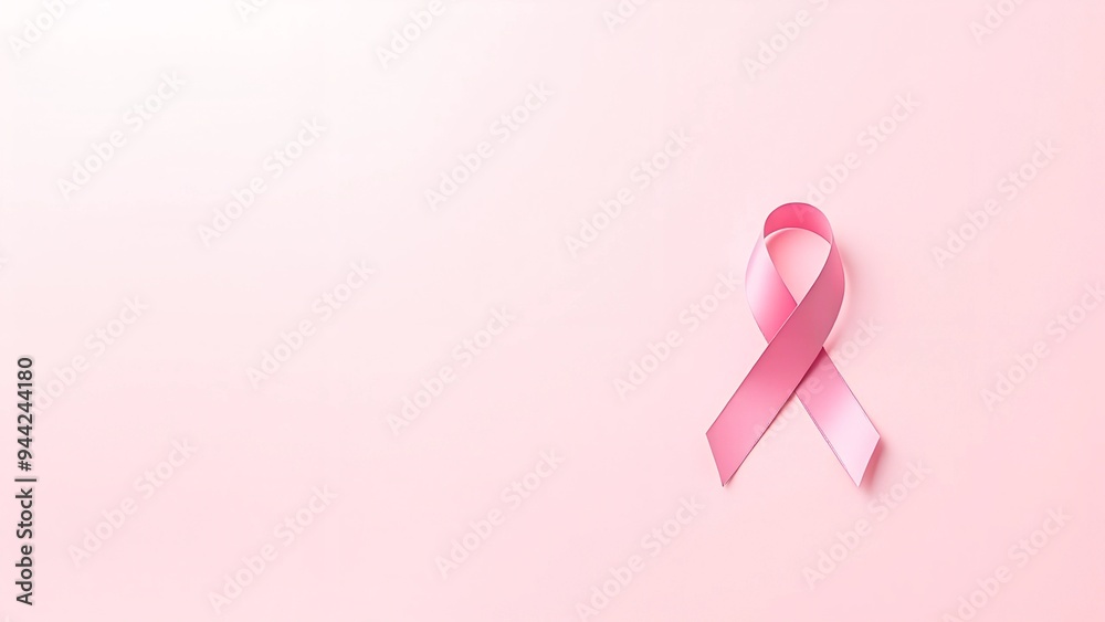 A subtle design featuring a pink ribbon on a pastel pink background with space for text, symbolizing support and the fight against breast cancer.