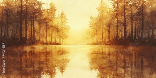 Watercolor illustration of a swampy forest lake enveloped in a thick mysterious fog at sunrise Golden sunlight filters through the evergreen tree trunks creating symmetrical reflections on the wate