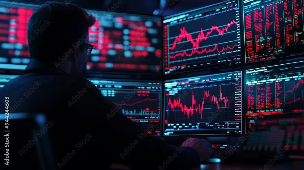 A financial analyst studying multiple screens filled with stock charts, news tickers, and economic indicators in a high-tech office, 3D illustration A financial analyst studying multiple screens filled with stock charts, news tickers, and economic indicators in a high-tech office, 3D illustration