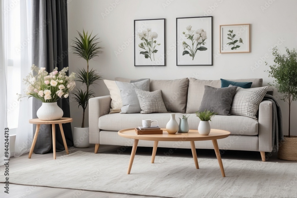 Minimalist Living Room Interior with White Flowers and Greenery Minimalist Living Room Interior with White Flowers and Greenery