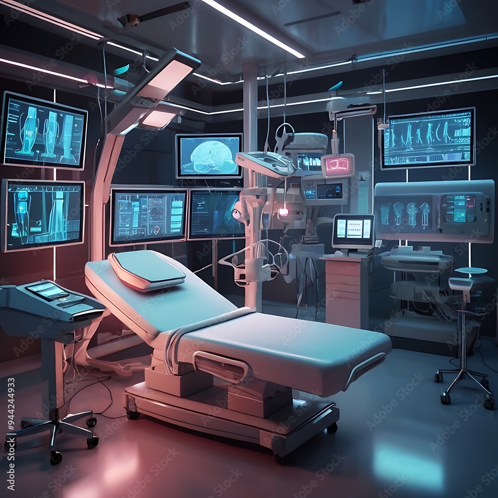 Futuristic neon animation type equipment and medical devices in modern ...