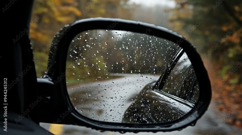 Raindrops trickle down a car's side mirror, blurring the view on a rainy day. As the raindrops slide down, they create a mesmerizing effect, obscuring the surroundings Raindrops trickle down a car's side mirror, blurring the view on a rainy day. As the raindrops slide down, they create a mesmerizing effect, obscuring the surroundings